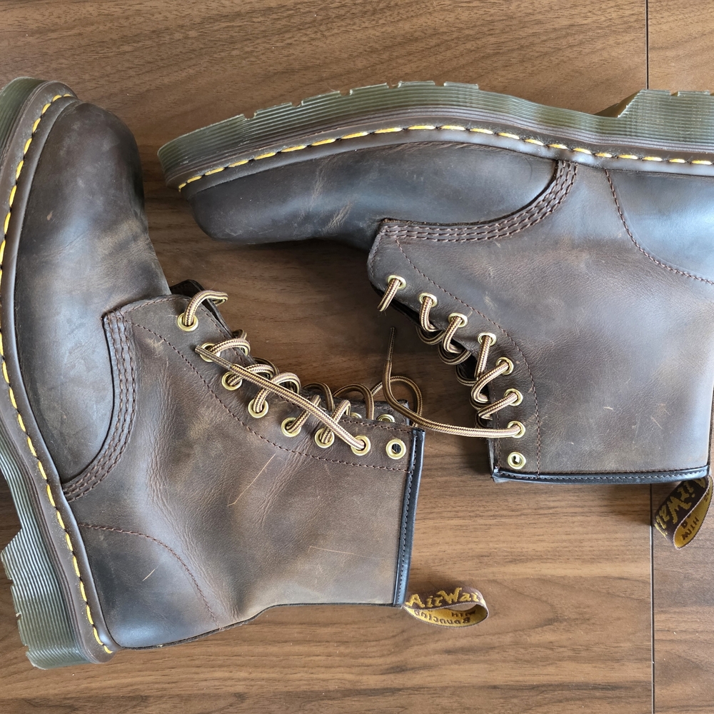 Dr. Martens Brown Leather 8-Eye Lace-Up Boots with Yellow Stitching